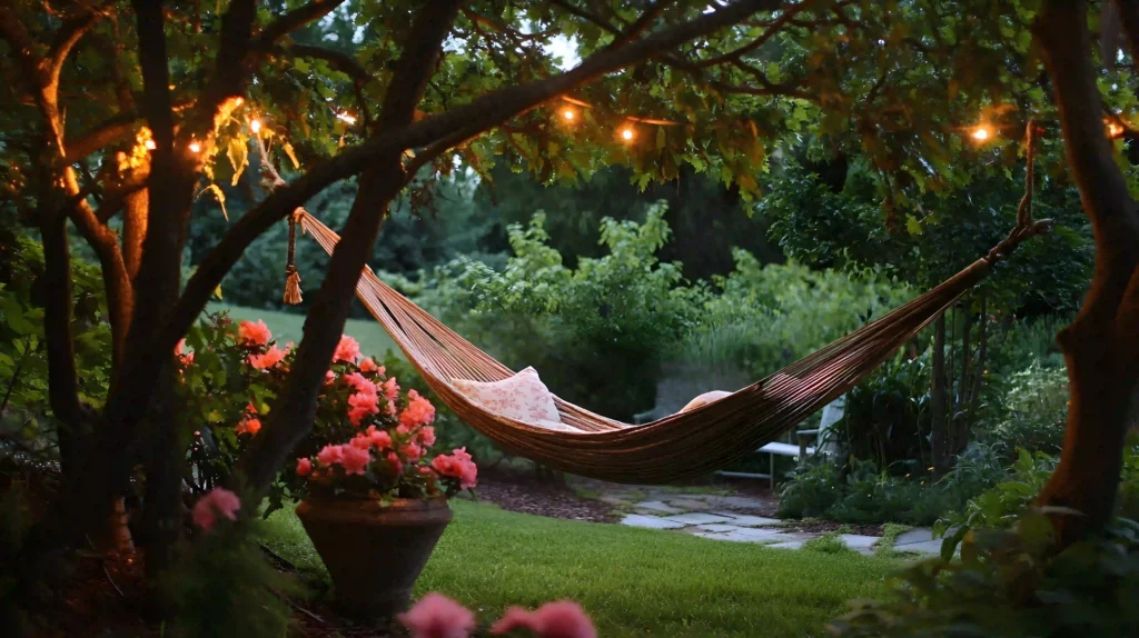 hamac jardin guirlandes lumineuses éclairage extérieur soirée